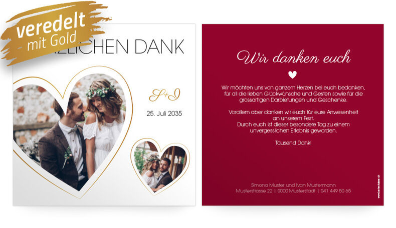 Dankeskarte Fotoherzen Gold