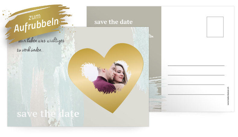 Save the Date Karte zum Aufrubbeln – Mint Aquarell & Goldherz